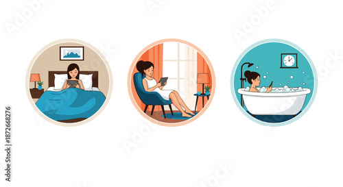 Three circular scenes showing a woman using her tablet in bed, in an armchair, and while taking a bubble bath.