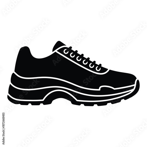 A simple black and white illustration of a modern running sneaker side view isolated on white
