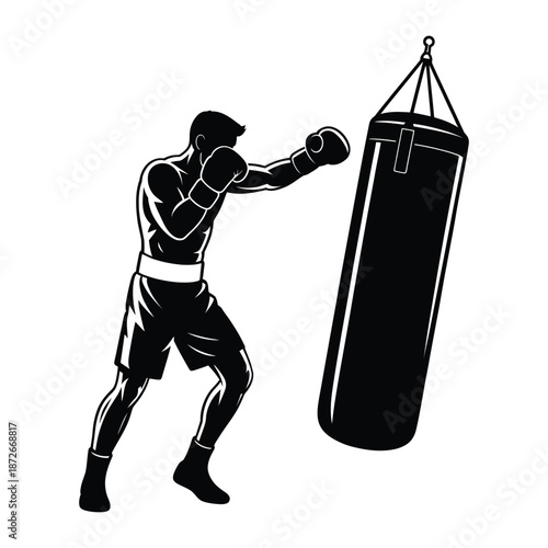 Boxer Training with Punching Bag Black and White Vector Illustration