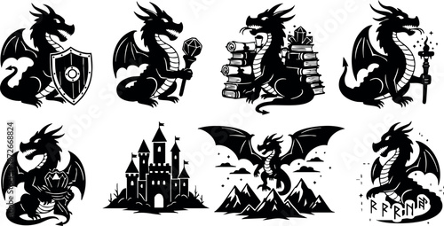 Dragon silhouettes with medieval shield castle and fire breathing fantasy vector designs for mythical creature artwork
