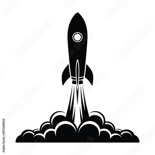 Rocket Launch Silhouette Black and White Vector Illustration Isolated on White
