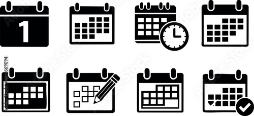 Calendar and Planner Icon Set with Date and Time Symbols for Scheduling and Organization Vector Illustration