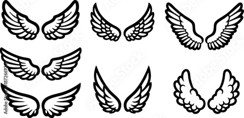 Black and white angel wings set vector with different feather styles for design and decoration purposes