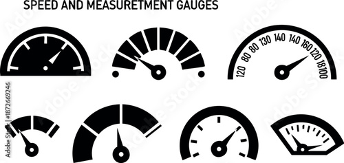 Speed and measurement gauges vector set with various dial meters and indicators for monitoring performance and metrics