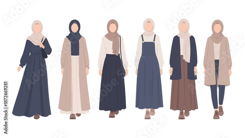 Set of flat vector illustrations of modestly dressed women wearing hijab