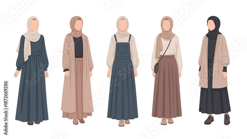 Set of flat vector illustrations of modestly dressed women wearing hijab