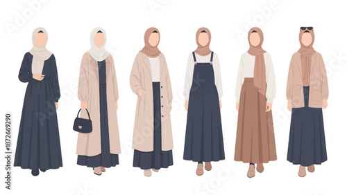 Set of flat vector illustrations of modestly dressed women wearing hijab