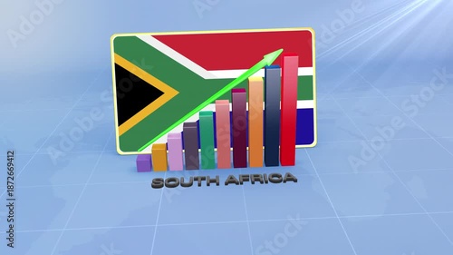 South Africa Economic Growth Showing 3D Bar Graph with Flag and Rising Green Arrow Developing Country Concept