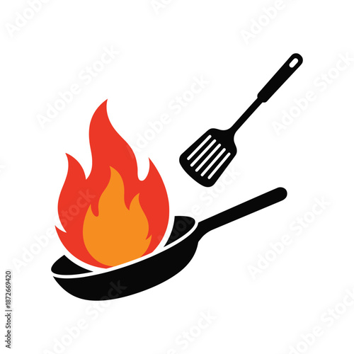 A burning frying pan with vibrant flames and a black spatula floating above it