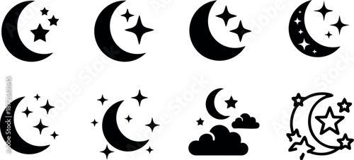 Black crescent moon and stars vector icons with night sky design collection