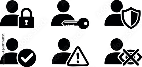 User security and access permission icons set with lock key shield check warning and restricted symbols vector illustration