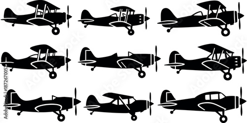 Vintage biplane and monoplane silhouettes collection in vector format for aviation design and retro aircraft enthusiasts
