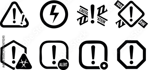 Warning and Alert Symbols Vector Set with Exclamation and Hazard Icons for Safety and Caution Designs
