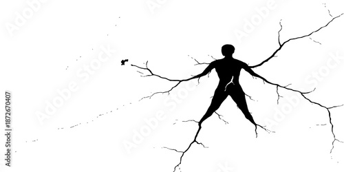 Vector art illustration of a jumping soccer player and people silhouettes including a man, woman, and girl with a grunge design sketch of a football and tree