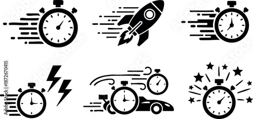 Stopwatch and rocket vector icons representing speed, acceleration, and fast timing concepts in dynamic black design