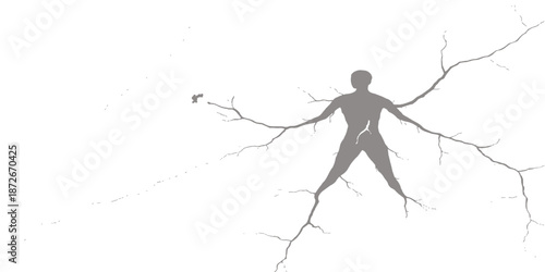 Grunge vector illustration of a man running and jumping in a sketch art style featuring action silhouettes of people including a boy and woman player for sports design
