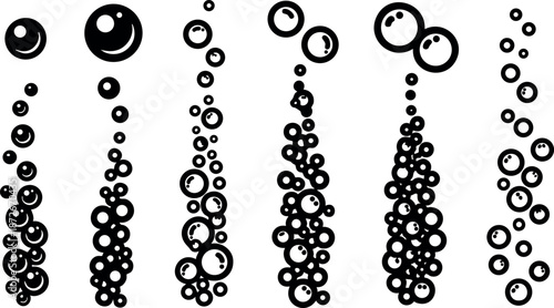 Black bubble clusters vector design showing various sizes and arrangements of air bubbles in water
