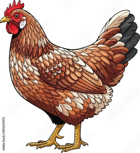 Illustration of a Brown Hen with Detailed Feathers and Anatomy