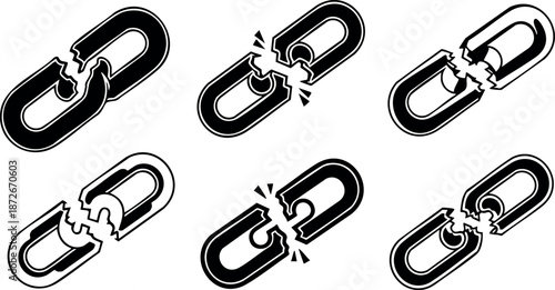 Broken chain links vector icons set with separated links and disconnection symbols