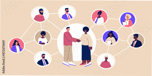 Diverse group of people connecting and networking with a central handshake