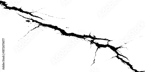 Grunge black vector illustration of a broken nature pattern featuring a crack in the ground and wall with a tree branch silhouette texture