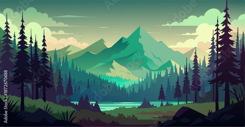 Serene Mountain Lake Landscape with Pine Forest – Nature Illustration
