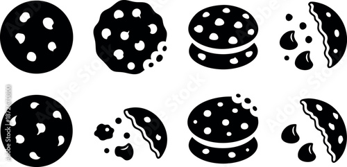 Chocolate chip cookies in various whole and bitten states vector illustration for baking and dessert themes
