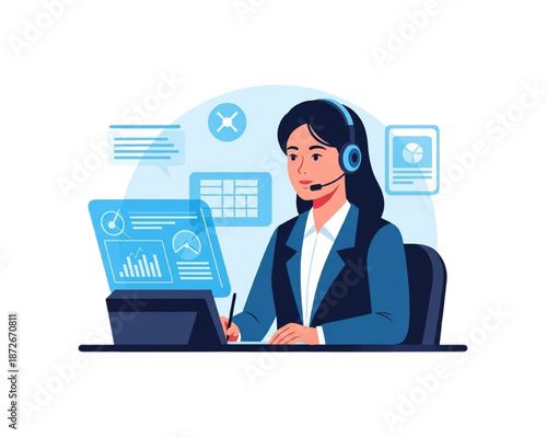 Customer Service Representative with Headset Analyzing Data. Flat Vector. Call Center Support, Technical Assistance, Business Intelligence, CRM Management, Help Desk Operations Concept.