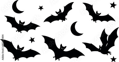 Bat silhouettes flying under crescent moons with scattered stars black vector design