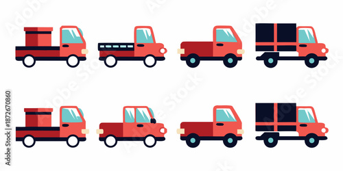 Colorful flat design illustration of various red and blue toy trucks