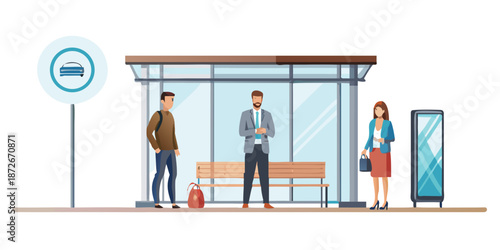 People waiting at a bus stop shelter with a modern design aesthetic
