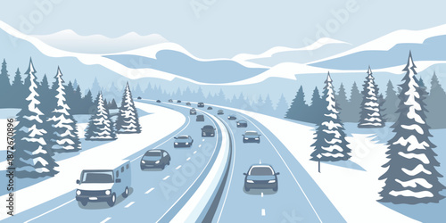 A winter highway scene with vehicles traveling through snowy mountains