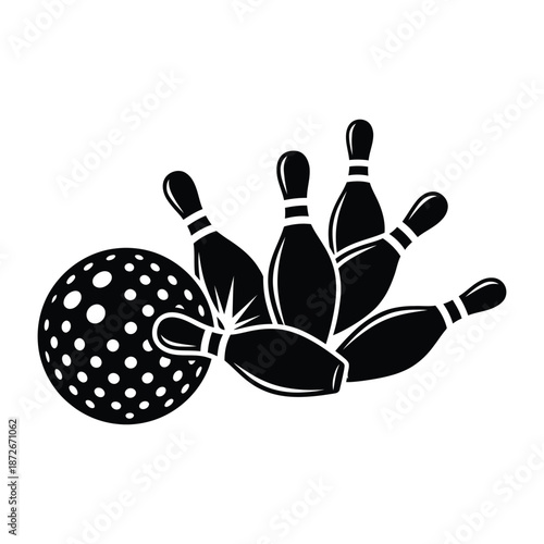 A striking black and white illustration depicting a bowling ball impacting several pins