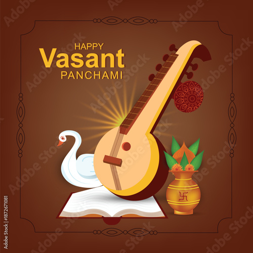 Happy Vasant Panchami - poster template design with veena and book