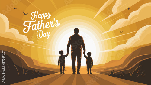 A beautiful Happy Fathers Day moment with a father and two kids walking on a grassy road at sunset