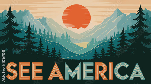A classic vintage style travel advertisement depicts a beautiful mountain range under an orange sunset