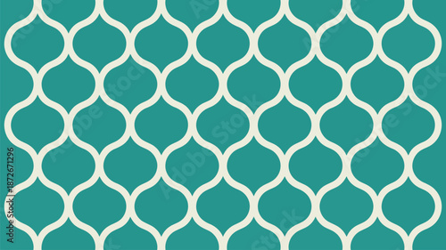 A continuous white ogee pattern repeats on a teal background creating an elegant geometric design