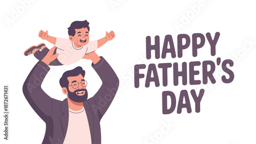 A joyful bearded father lifts his happy young son high into the air on a special Fathers Day