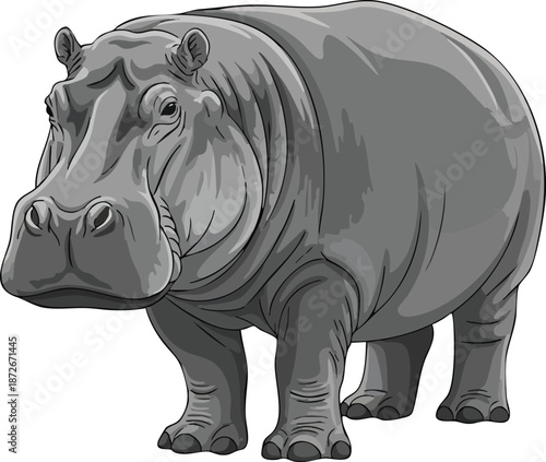 Vector illustration of a hippopotamus standing, showcasing its large size and unique features