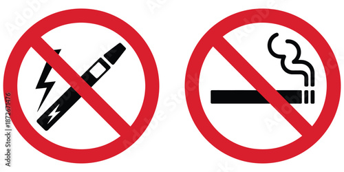 Red Prohibition Symbols Over Smoking Cigarette and Vape, universal black and white icon, no smoking, no vaping, restricted area warning vector illustration.