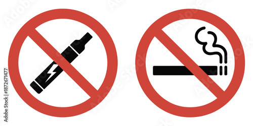 Red Prohibition Symbols Over Smoking Cigarette and Vape, universal black and white icon, no smoking, no vaping, restricted area warning vector illustration.