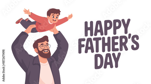 A joyous father with glasses lifts his smiling son high into the air celebrating Fathers Day