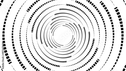 Abstract black and white spiral background featuring a digital circular motion pattern with halftone dots and flowing curve lines in a creative vector art texture backdrop