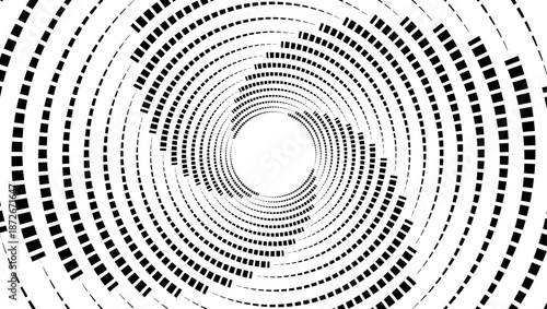 Abstract Black and white spiral pattern forming a circular tunnel design with clean lines and a modern digital art texture