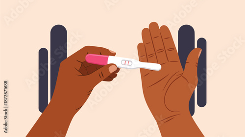A person with dark hands holds a positive pregnancy test with two distinct lines, signifying conception