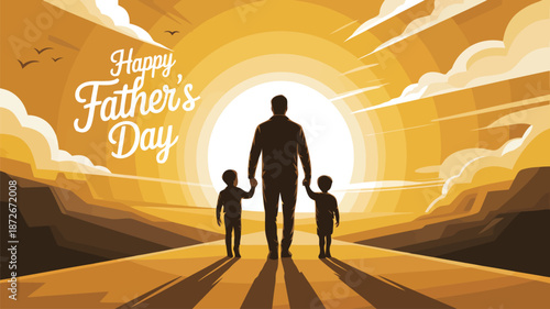 A touching Happy Fathers Day scene with a father and two children walking towards a brilliant sunset