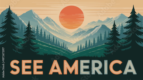 A striking retro travel poster illustrates majestic mountains, lush pine forests, and a warm setting sun