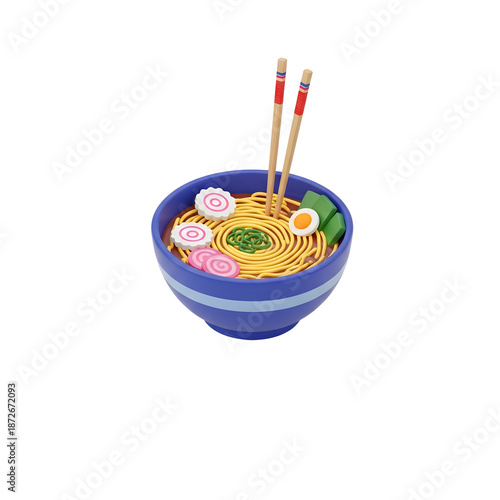 Delicious 3D Clay-Style Ramen Noodle Bowl Icon. Cute Japanese Comfort Food with Narutomaki, Egg, and Chopsticks Isolated on Black Background.