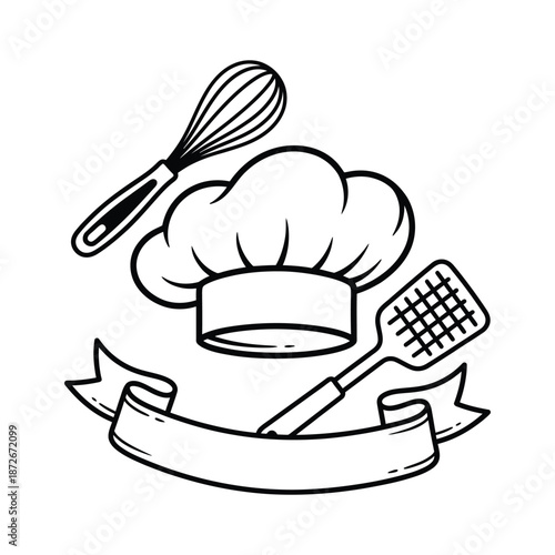 A whimsical black and white illustration featuring a chef s hat whisk spatula and ribbon banner