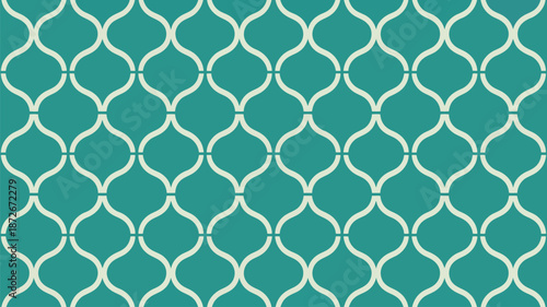 A repeating geometric ogee pattern features cream shapes on a vibrant teal colored surface